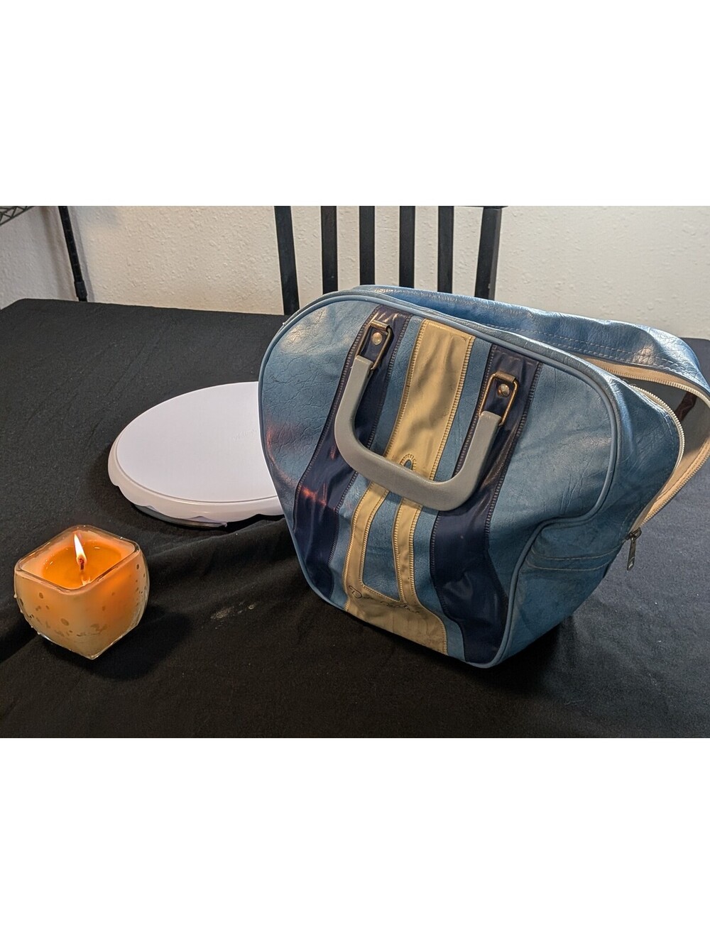 Vintage Blue Vinyl Single Bowling Ball Carry Bag Retro Bowling Tote